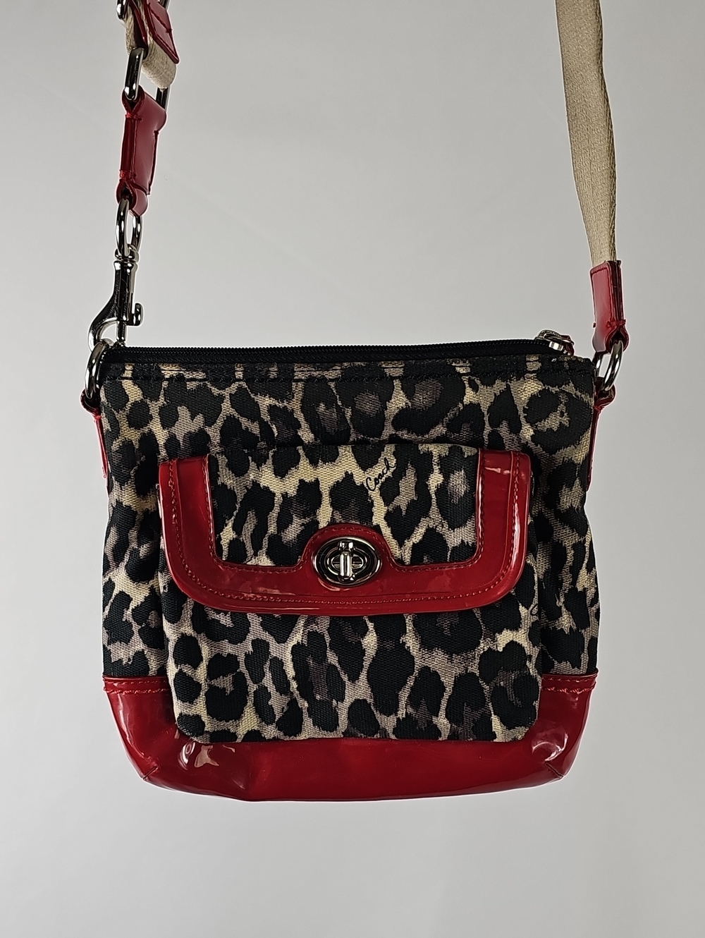 Coach Park Ocelot Small Crossbody Bag with Red Patent Trim